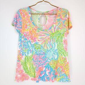 Lilly Pulitzer Michele Top Multi More Lovers Coral Keyhole Shirt - Size S - GUC